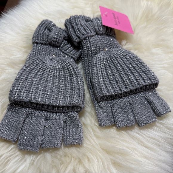 NEW Kate Spade New York Metallic Bow Pop-top Gloves Gray Shimmer - Picture 2 of 4
